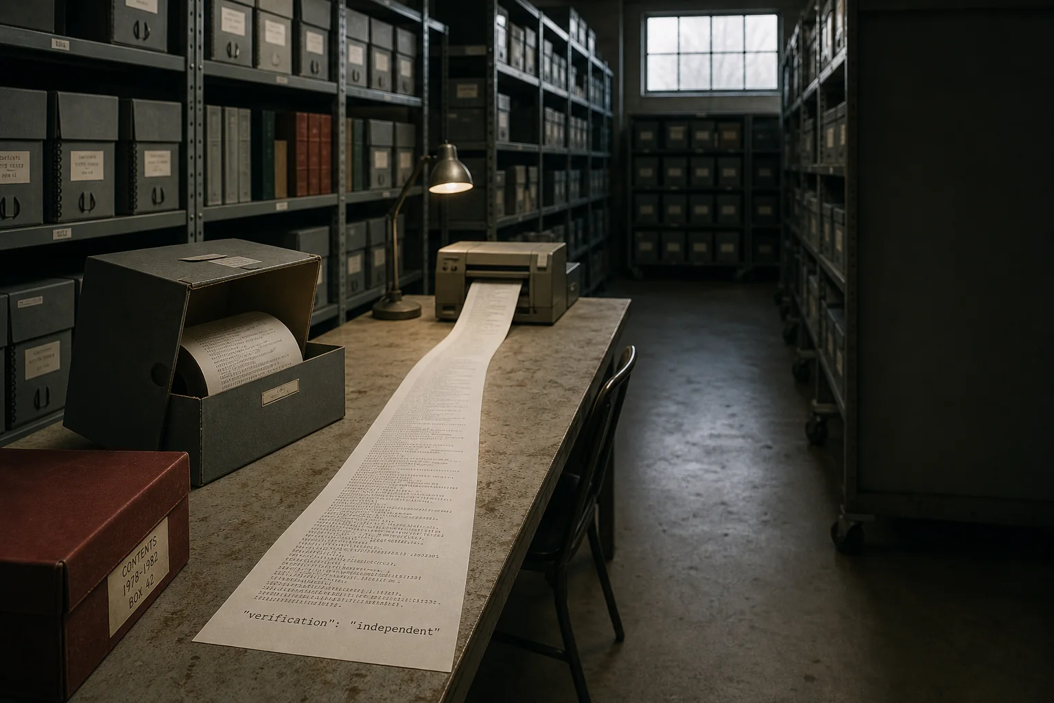 An archive table where a long printed record ends on the line verification independent.