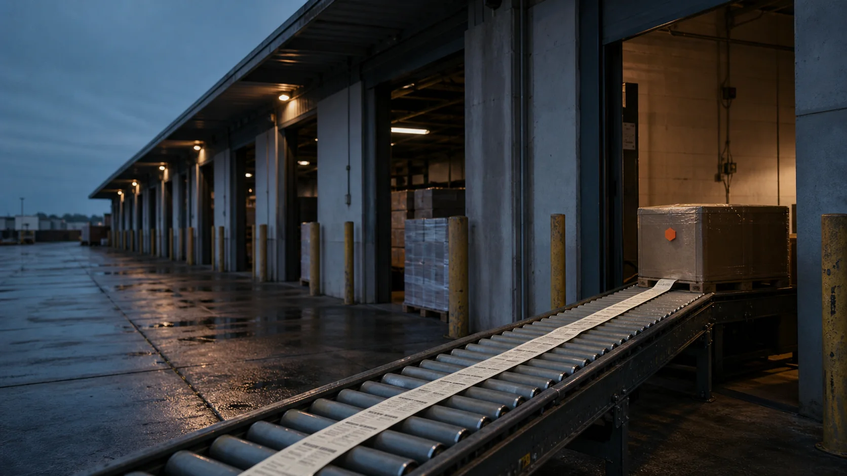 A signed record moving along a freight conveyor toward a sealed crate.