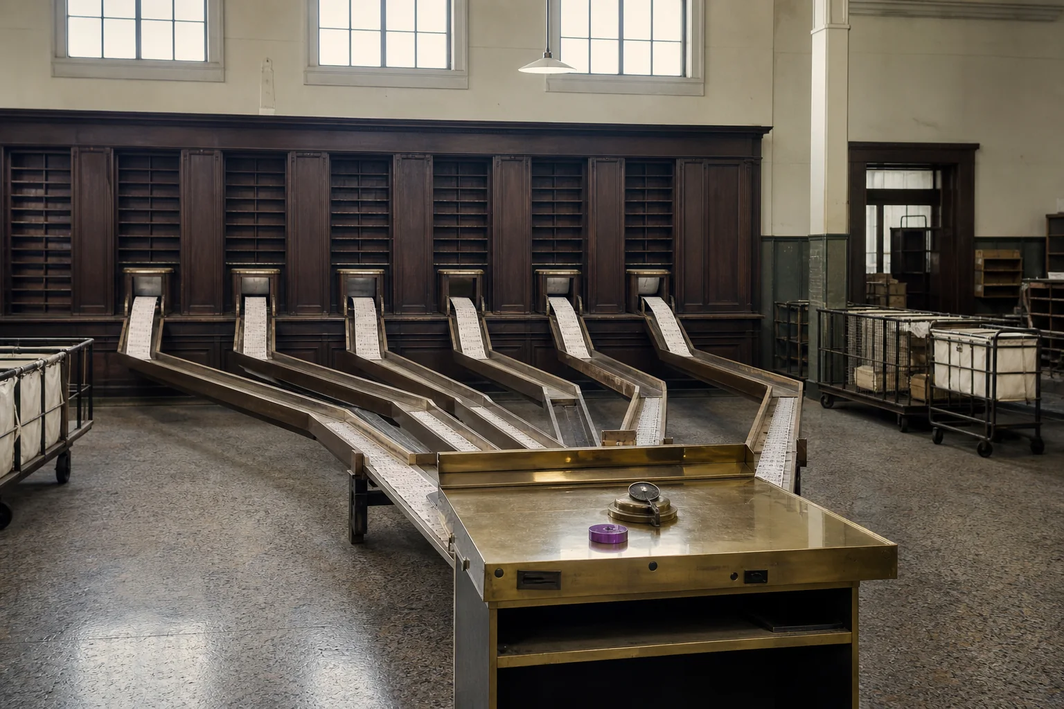 A clearing hall where parallel chutes carry printed records to one shared counter.