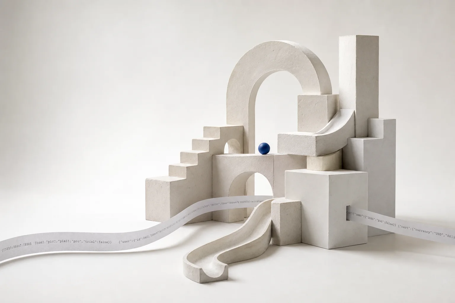 A white architectural sculpture crossed by structured paper paths.